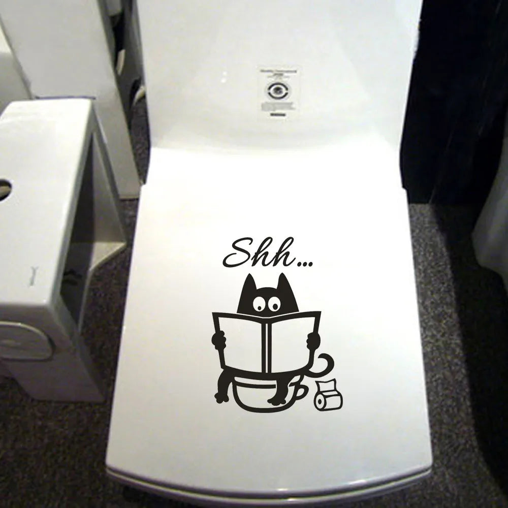 Cute Cat Shh Toilet Stickers Funny Bathroom Decor