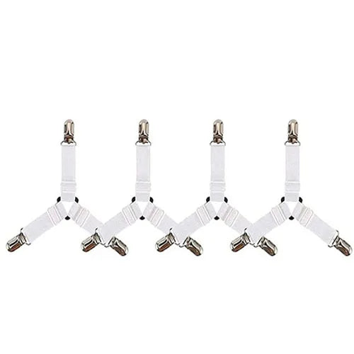 Bed Sheet Clip Elastic Straps 3-Heads Adjustable Clip Bed Sheet Fasteners, 4 Pieces, White