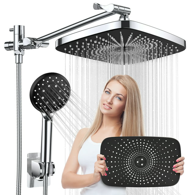 High Pressure Shower Head 5-Setting 12 inch Rain Shower Head with Handheld and Hose, Chrome & Black