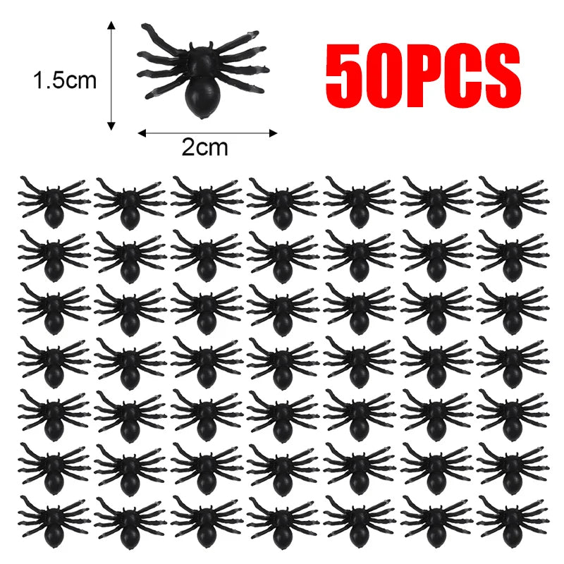 50pcs Small Black Spiders for Halloween Decoration, Haunted House Prop, DIY Party