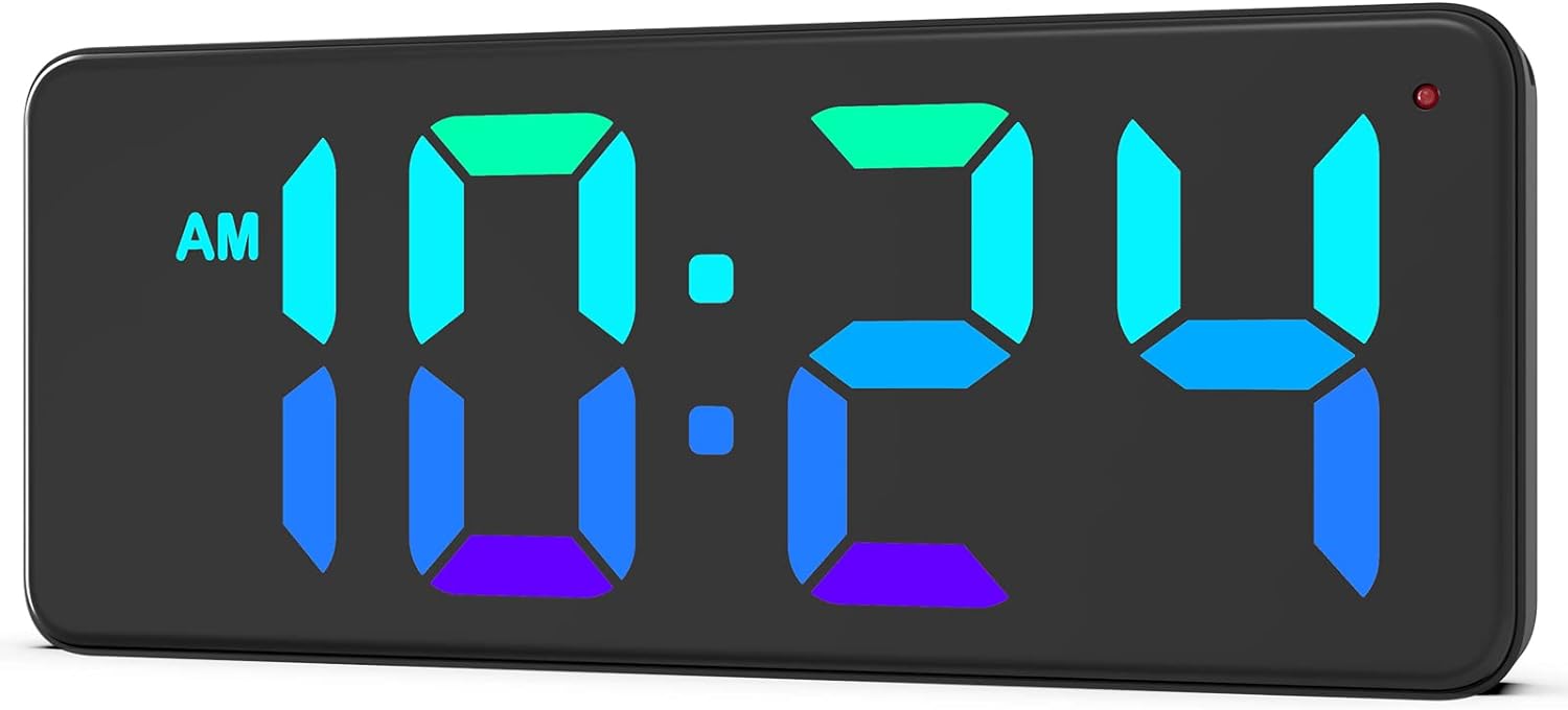 LED Digital Wall Clock with RGB Display, Auto-Dimming for Home For Living Room Office, Black