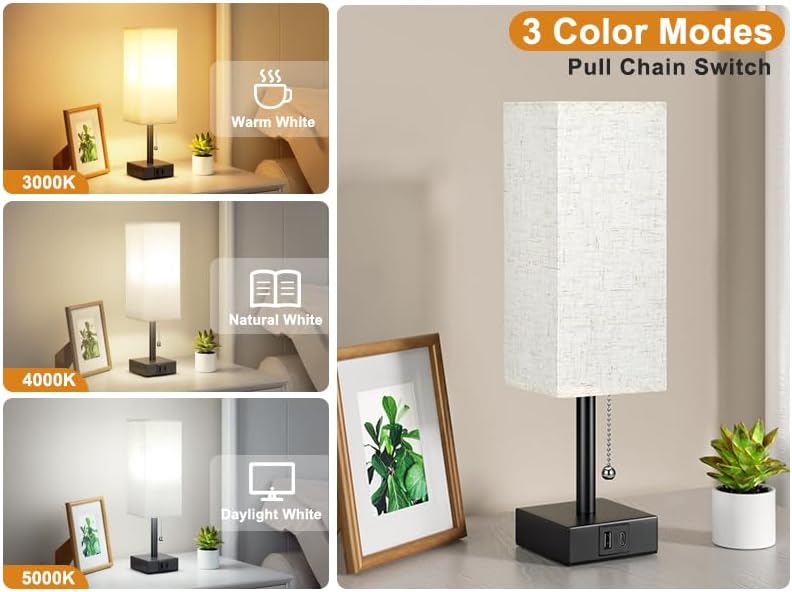 Bedroom Lamp Bedside Table Lamp with 3 Color Temperatures (LED Bulb Included)