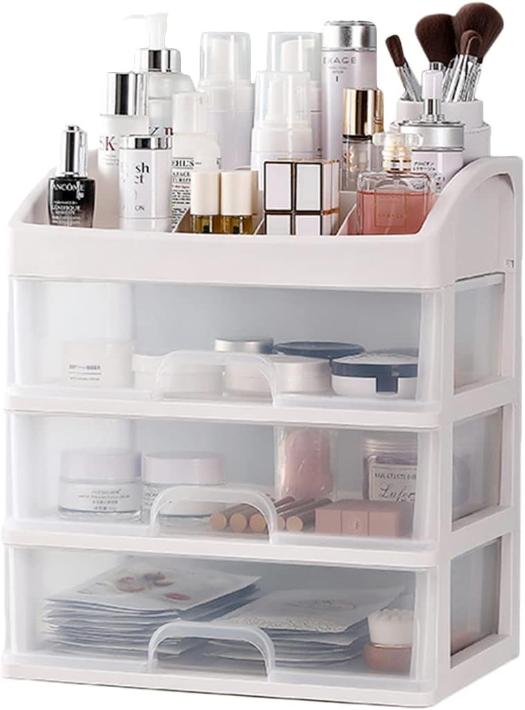 Cosmetic Display Cases Makeup Storage Box with 3 Drawers, White