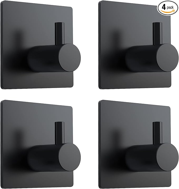 Adhesive Towel Hooks 4PCS Stainless Steel Waterproof Self Adhesive Heavy Duty Sticky Hooks, Black