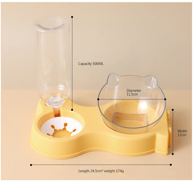 Pet Cat Food Bowl with Automatic Feeder & Drinking Fountain (Yellow)