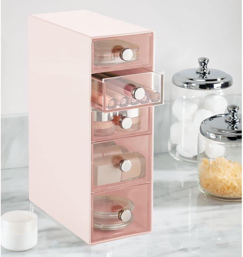 Plastic Makeup Storage 5-Drawer Organizer Pull-Out Drawers for Bathroom, Vanity, or Desk - Lumiere Collection, Light Pink/Clear