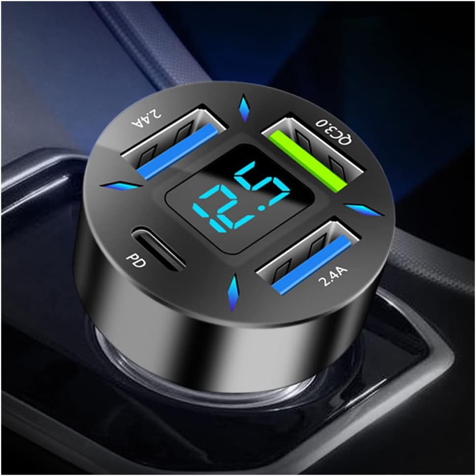 USB Car Charger 4 Ports USB Adapter with Voltmeter (Type C, Black)