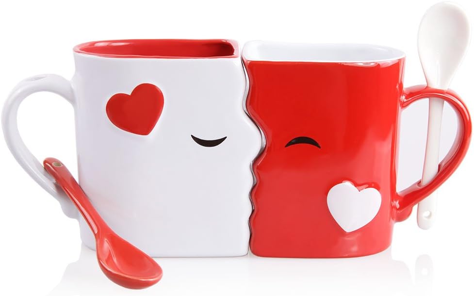 Couples Kissing Mugs Set, Two Large Cups & Spoons for for Couples, for Him and Her on Valentines