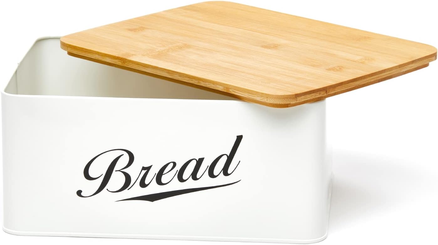 Bread Storage Metal Bread Box with Bamboo Cutting Board Lid for Kitchen Counter, Vintage Kitchen Decor Organizer