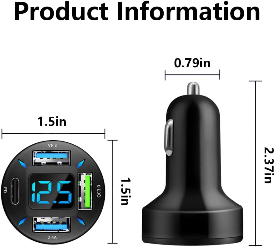 USB Car Charger 4 Ports USB Adapter with Voltmeter (Type C, Black)