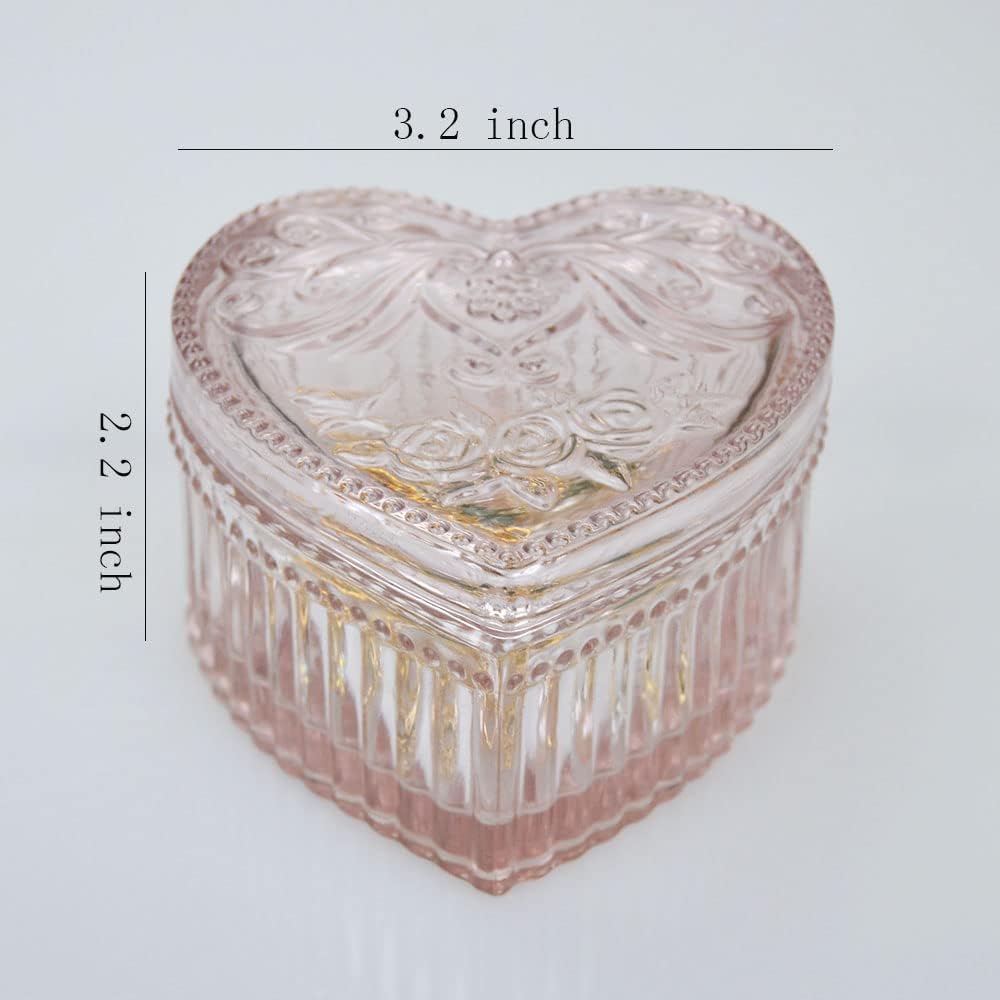 Pink Crystal Glass Heart-Shaped Storage Box Embossed Jewelry Box Candy Box with Lid