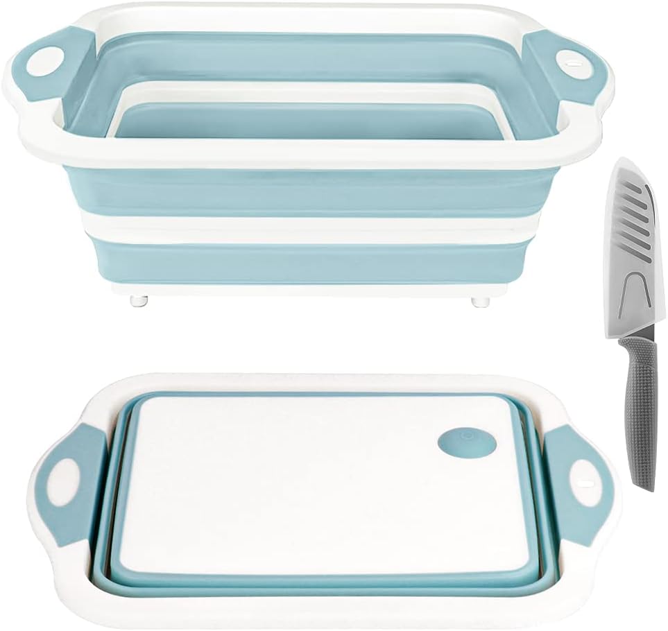 Foldable Chopping Board with Colander, Multifunctional Kitchen Gadget (Light Blue)