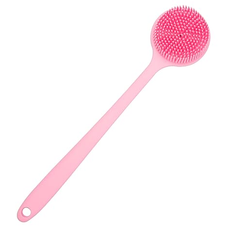 Soft Silicone Back Scrubber Shower Bath Body Brush with Long Handle (Pink)