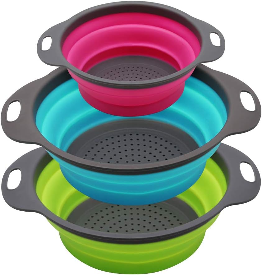 Colander Set of 3 Collapsible Round Silicone Kitchen Strainer Set (Green, Blue, Purple)