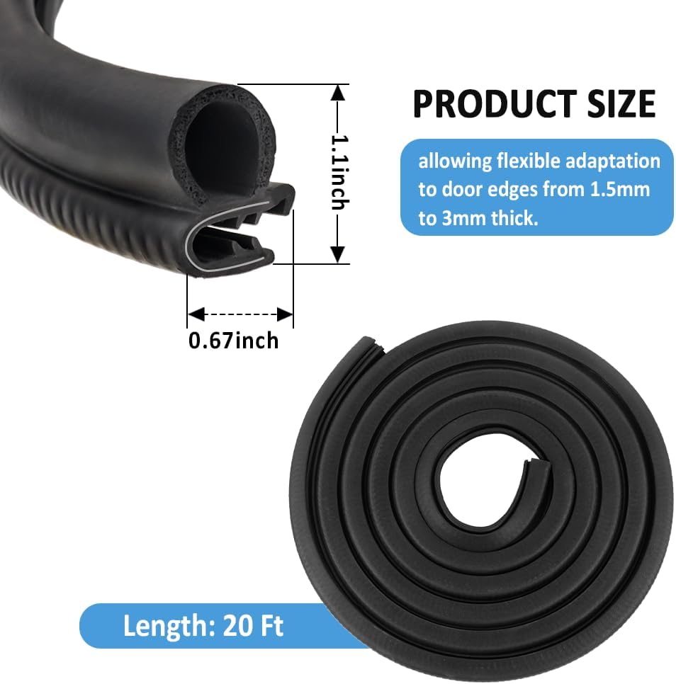 Car Door Seal Strip 20FT U-Shaped Automotive Weather Stripping Rubber Seal Strip with Metal Clips