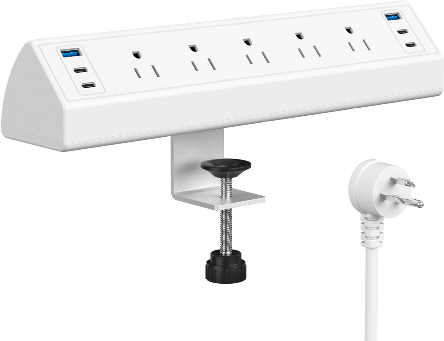 Desk Clamp Power Strip 40W Total Fast Charging Station with 6 USB Ports 5 AC Outlets Surge Protector, Fits 1.6" Tabletop Edge