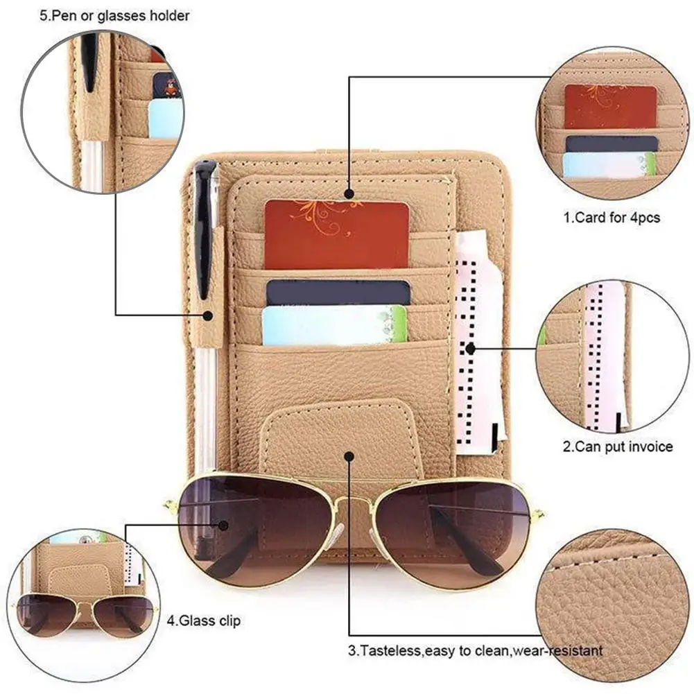 Car Sun Visor Organizer Business Card Storage Management Sunglasses Holder (Beige)