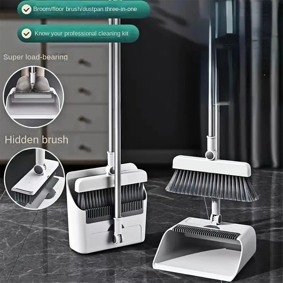 3-in-1 Cleaning Set Long-Handle Broom and Dustpan