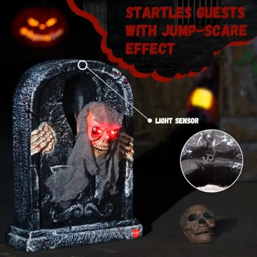 Animatronic Tombstone with Moving Skeleton Prop