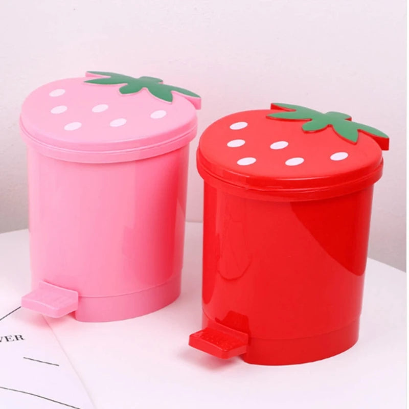 Mini Strawberry Trash Can with Lid Cute Tabletop Organizer (Red)