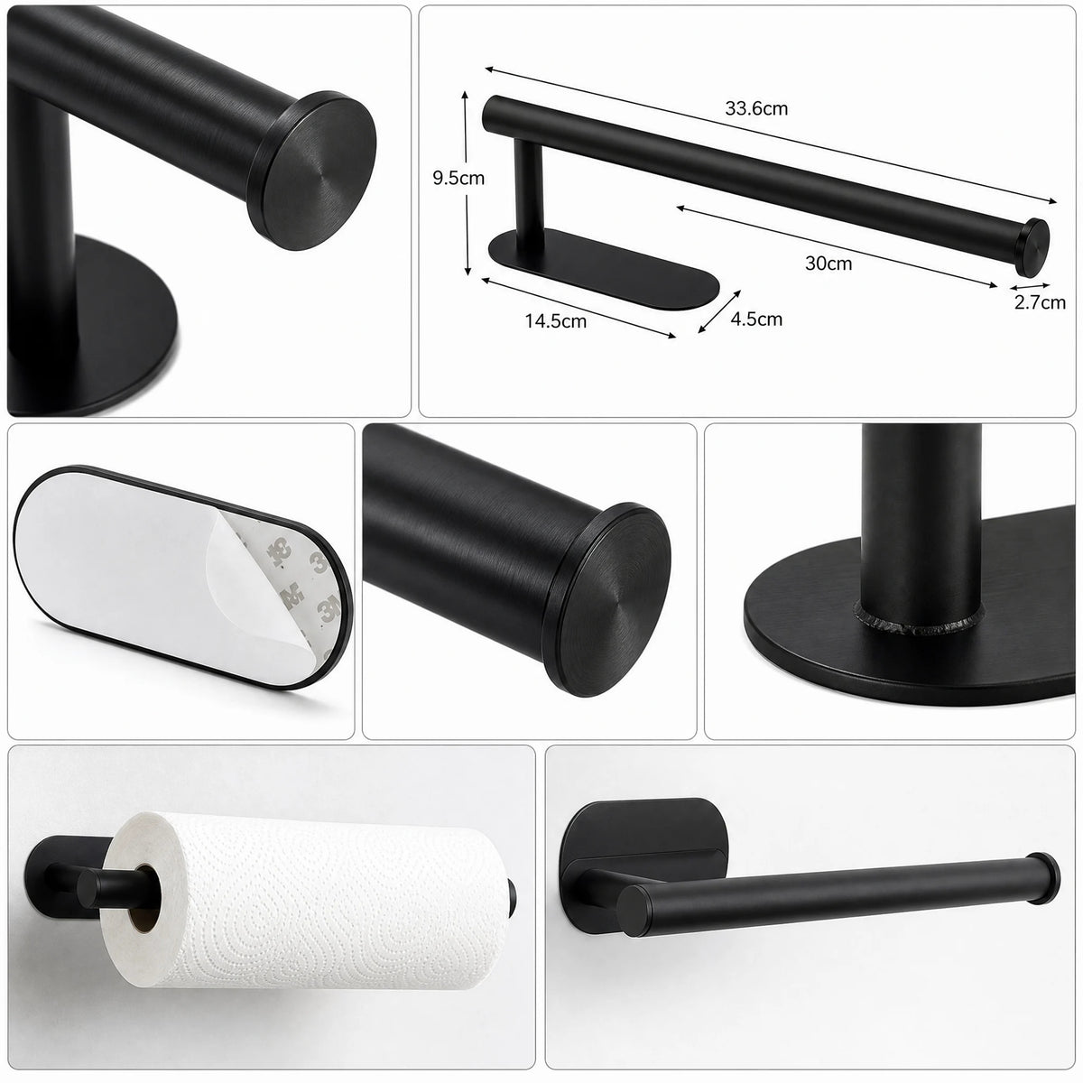 Paper Towel Holder, Strong Adhesive Wall Mount &amp; Countertop Kitchen Organizer, Adjustable Paper Towel Rack, Rust-Resistant Space-Saving Storage (Black)