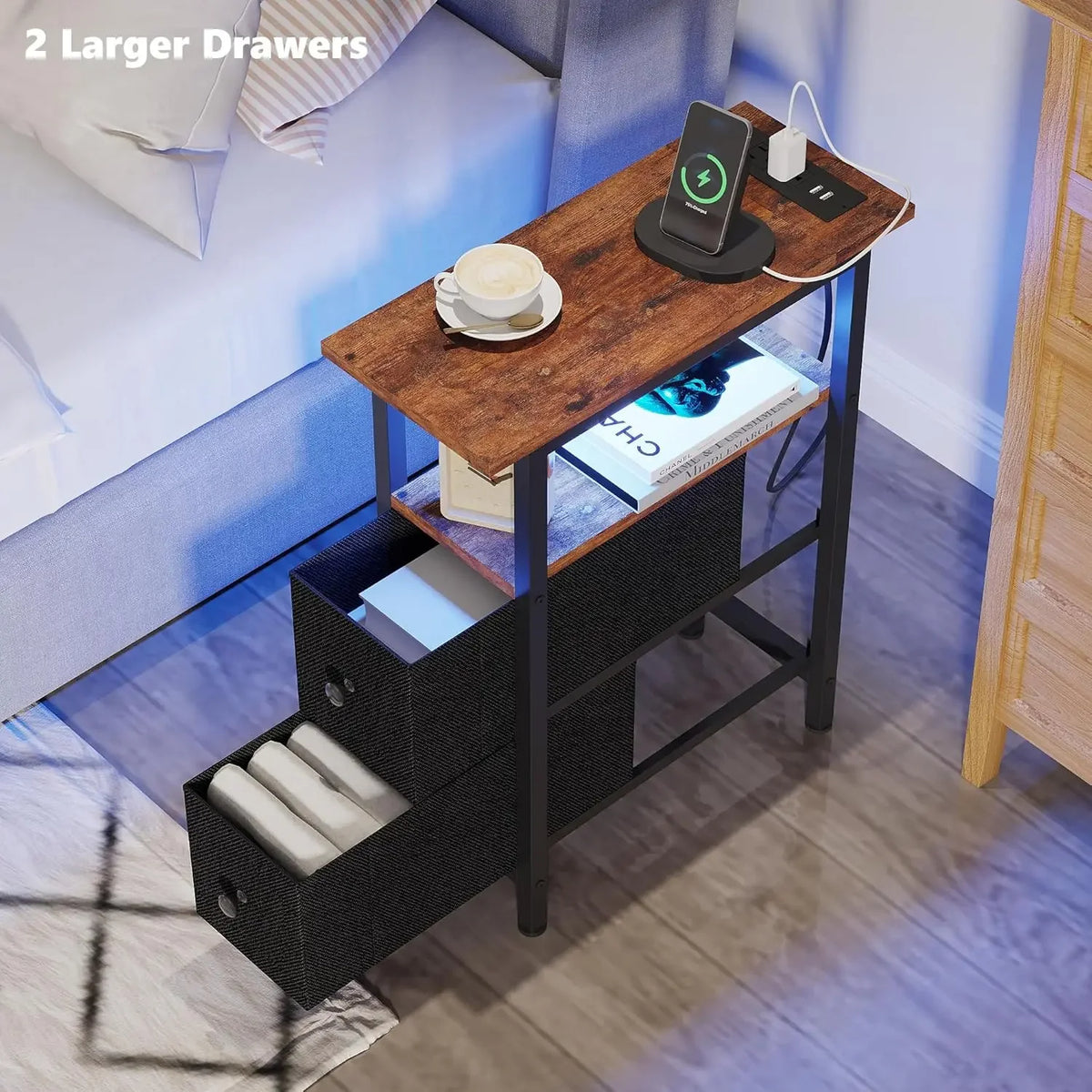 Slim Bedside Table with 2 Fabric Drawers for Living Room Side Coffee Table