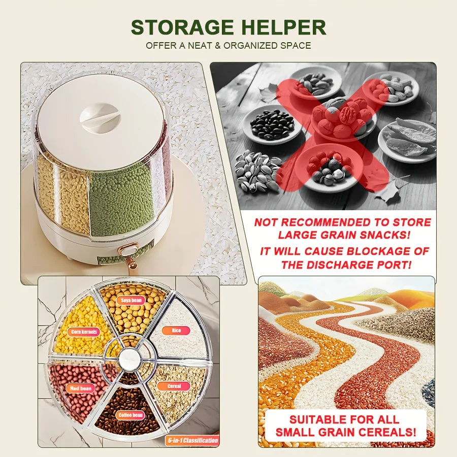 Large 6-Compartment Rotating Food Dispenser – 25Lb Capacity Grain Storage Box
