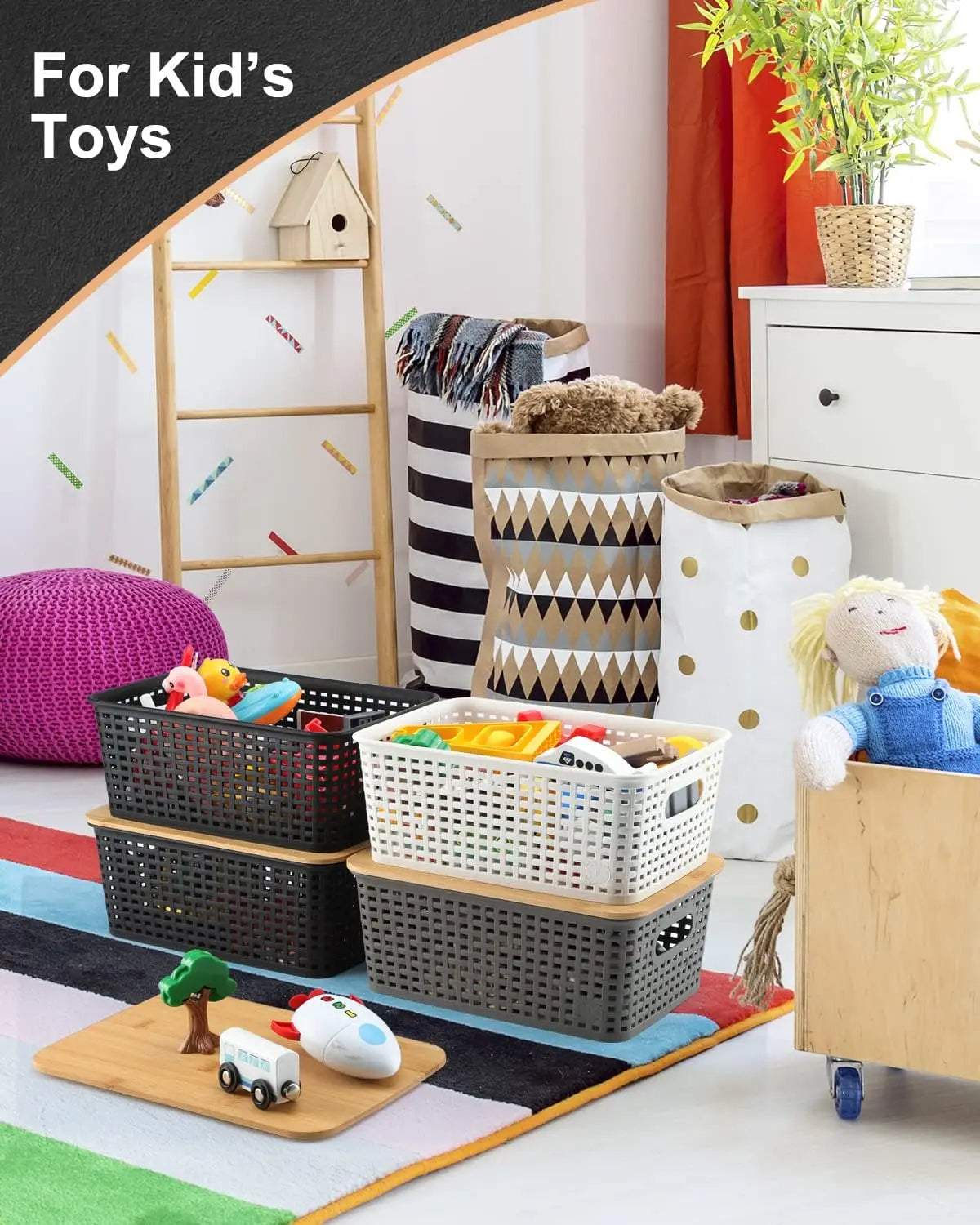 Plastic Storage Bins with Bamboo Lids 6PCS for Kitchen Room Bedroom Organizer