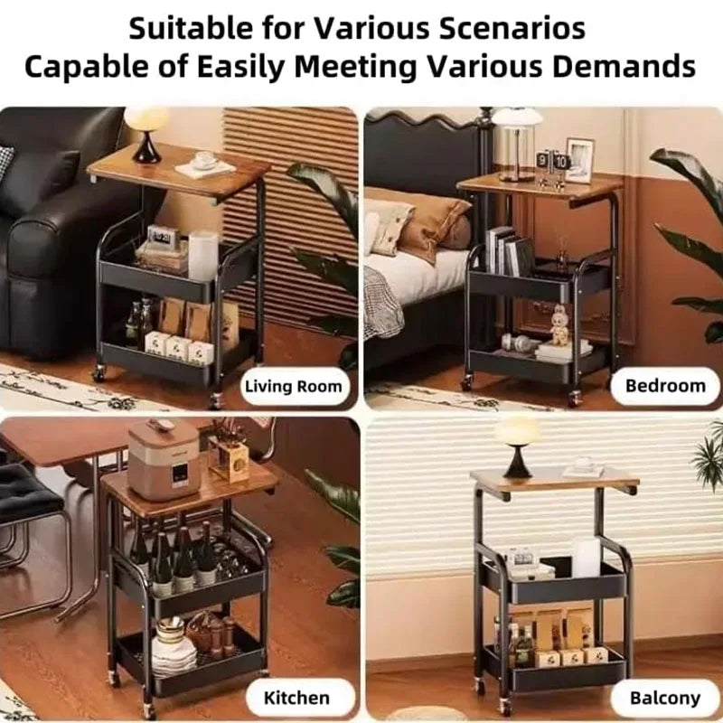 3-Tier Metal Rolling Storage Cart with Walnut Wood (White)