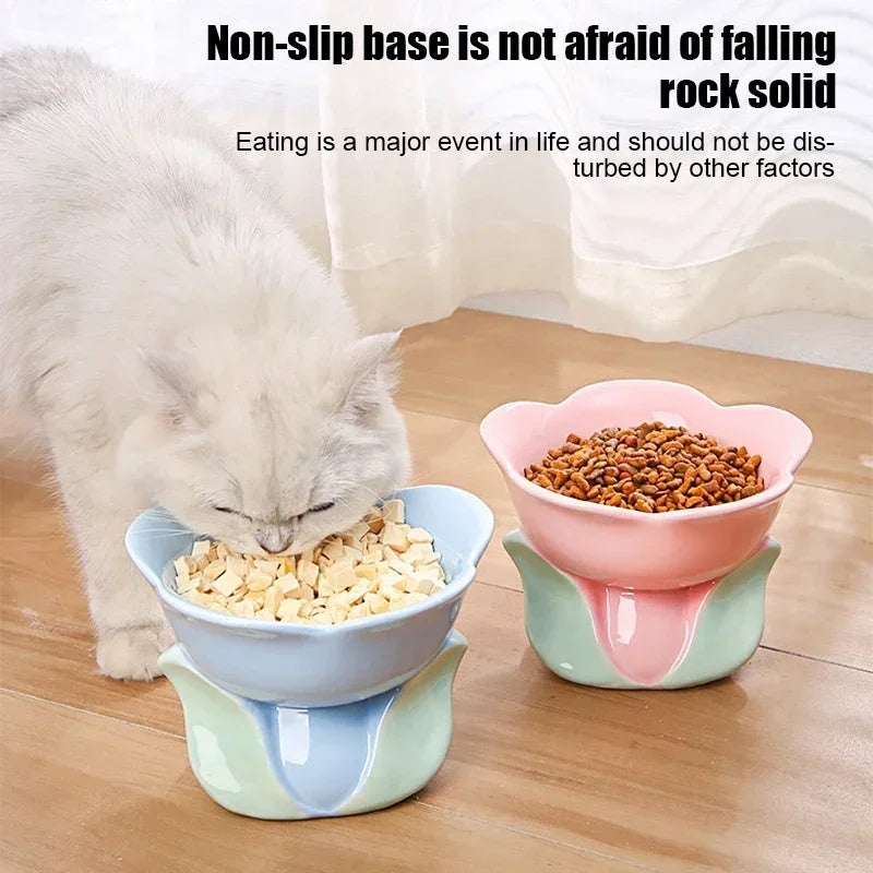 Raised Ceramic Cat Bowl Flower Pet Feeder for Small Dogs (Blue)