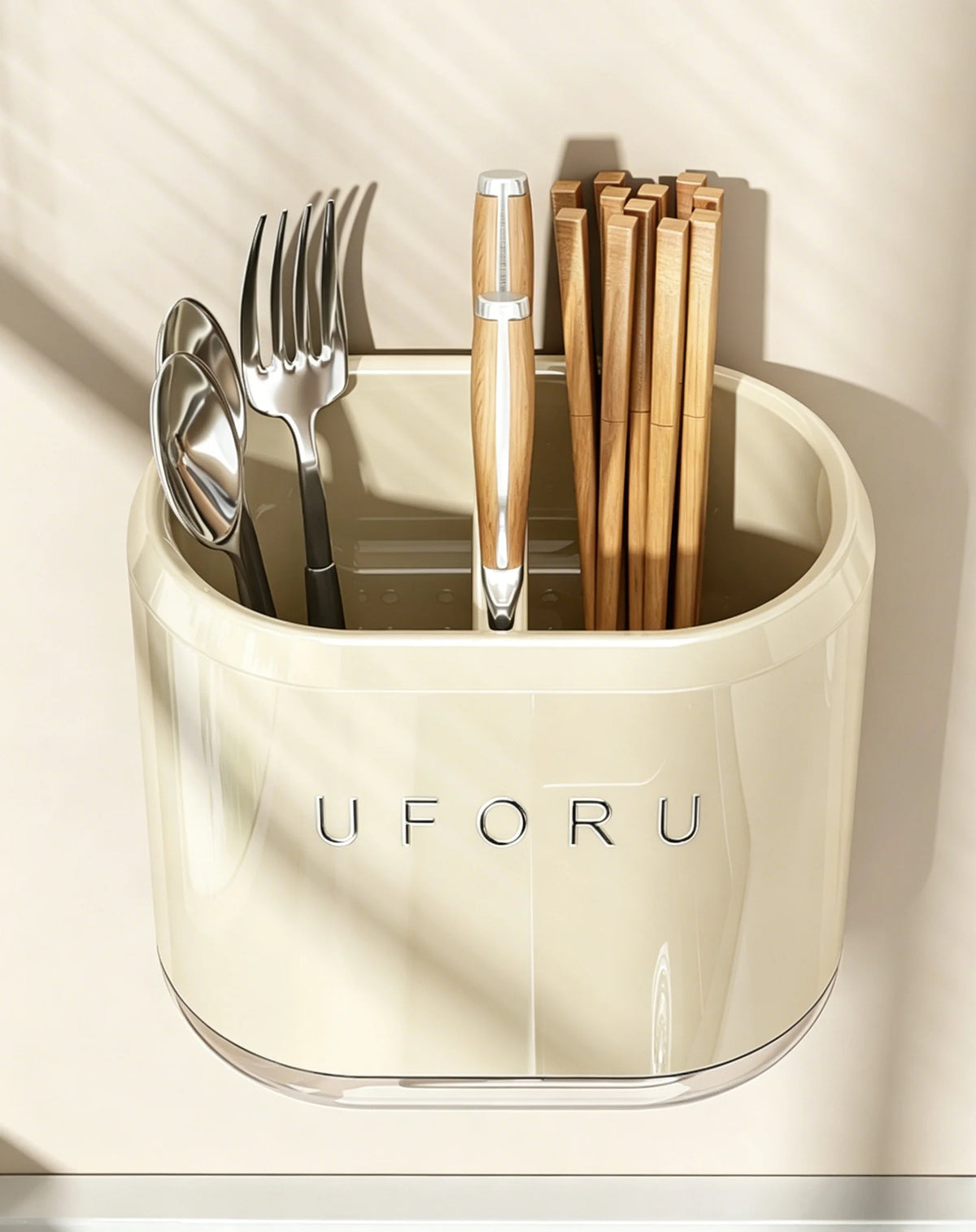 No-Drill Wall-Mounted Utensil Holder, Kitchen Cutlery Organizer for Spoons, Forks &amp; Chopsticks, Removable Drain Tray, Dual-Use Countertop &amp; Wall Hanging Drying Rack