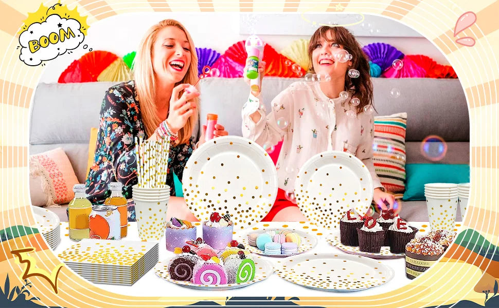 Modern White Gold Party Plates Cups Napkins 121pcs