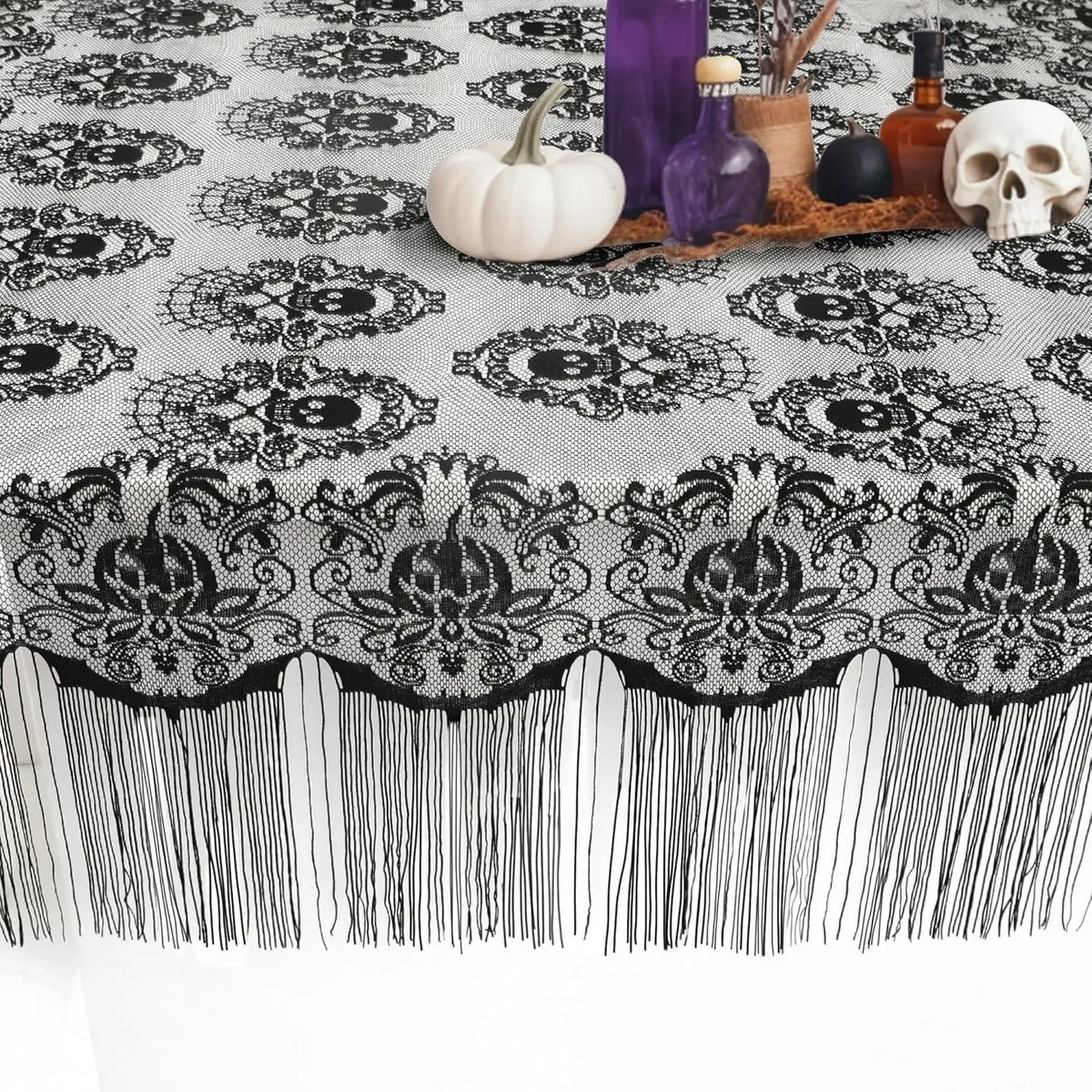 Halloween Black Lace Skull Tablecloth with Tassels