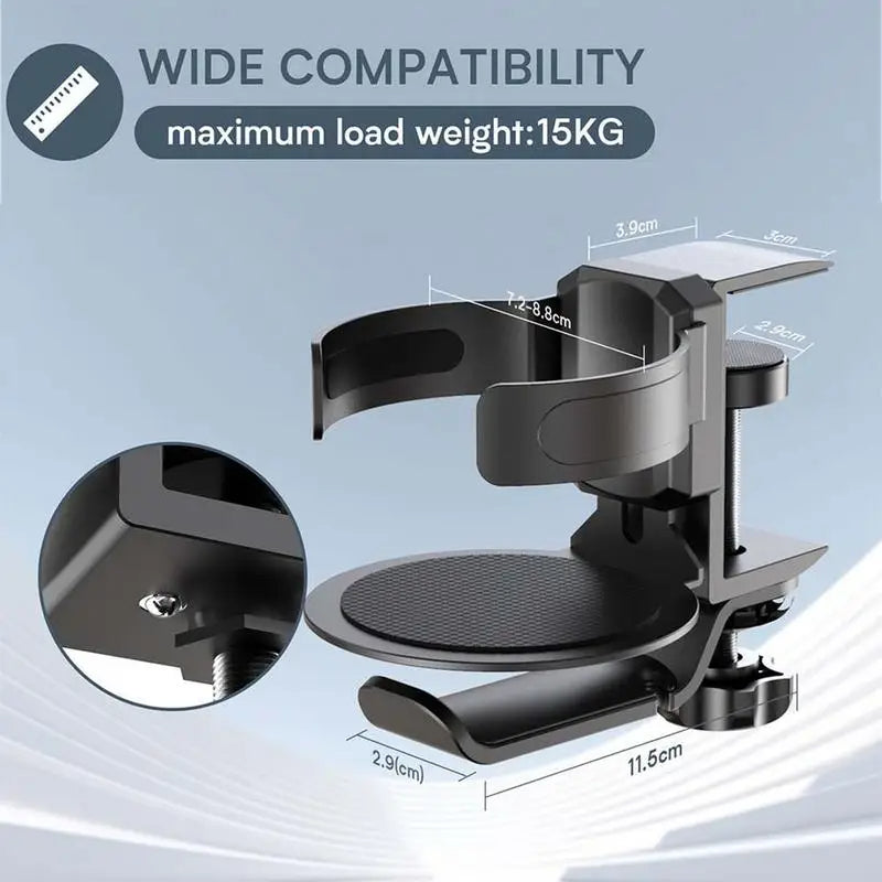 Clip-On Desk Cup Holder with Headphone Hook Rotating Game Desk Accessory (Black)