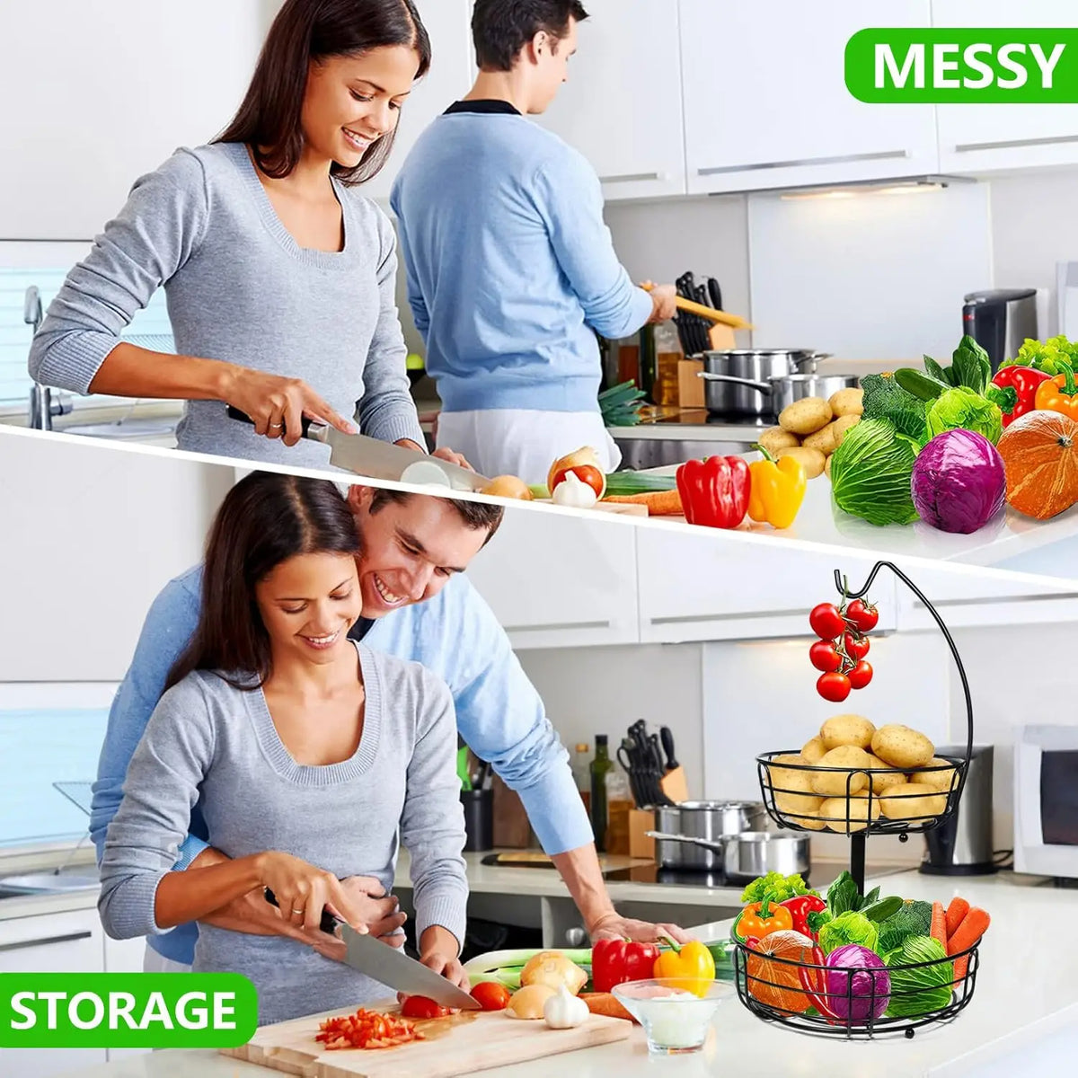 Kitchen Fruit Basket 2-Tier Countertop Storage with Banana Hook (Black)