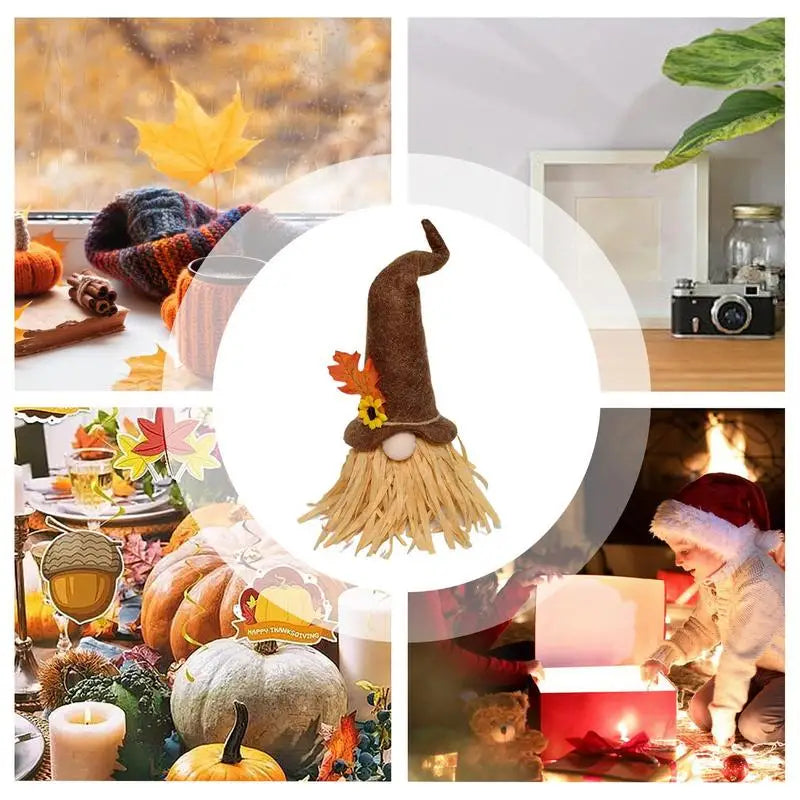 Fall Thanksgiving Gnome Decor Cute Desktop Ornament Tiered Tray Accessory (Brown Hat)