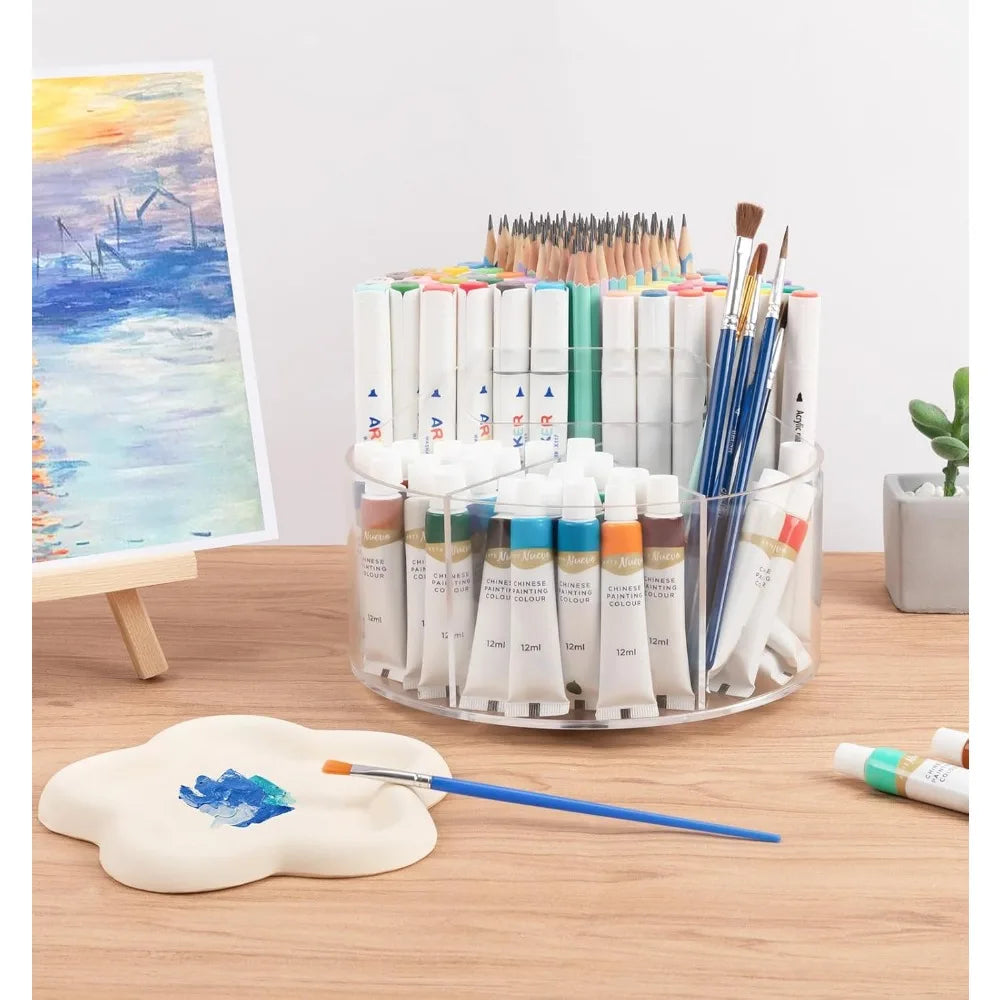 Acrylic Pen Holder & Pencil Organizer 360 Degree Rotating Desk Organizer with Multiple Compartments for Markers Crayons & Kids Desks