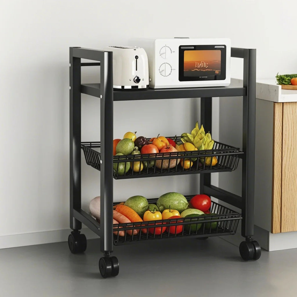 3-Tier Kitchen Storage Rack – Adjustable Utility Trolley with 2 Wire Baskets