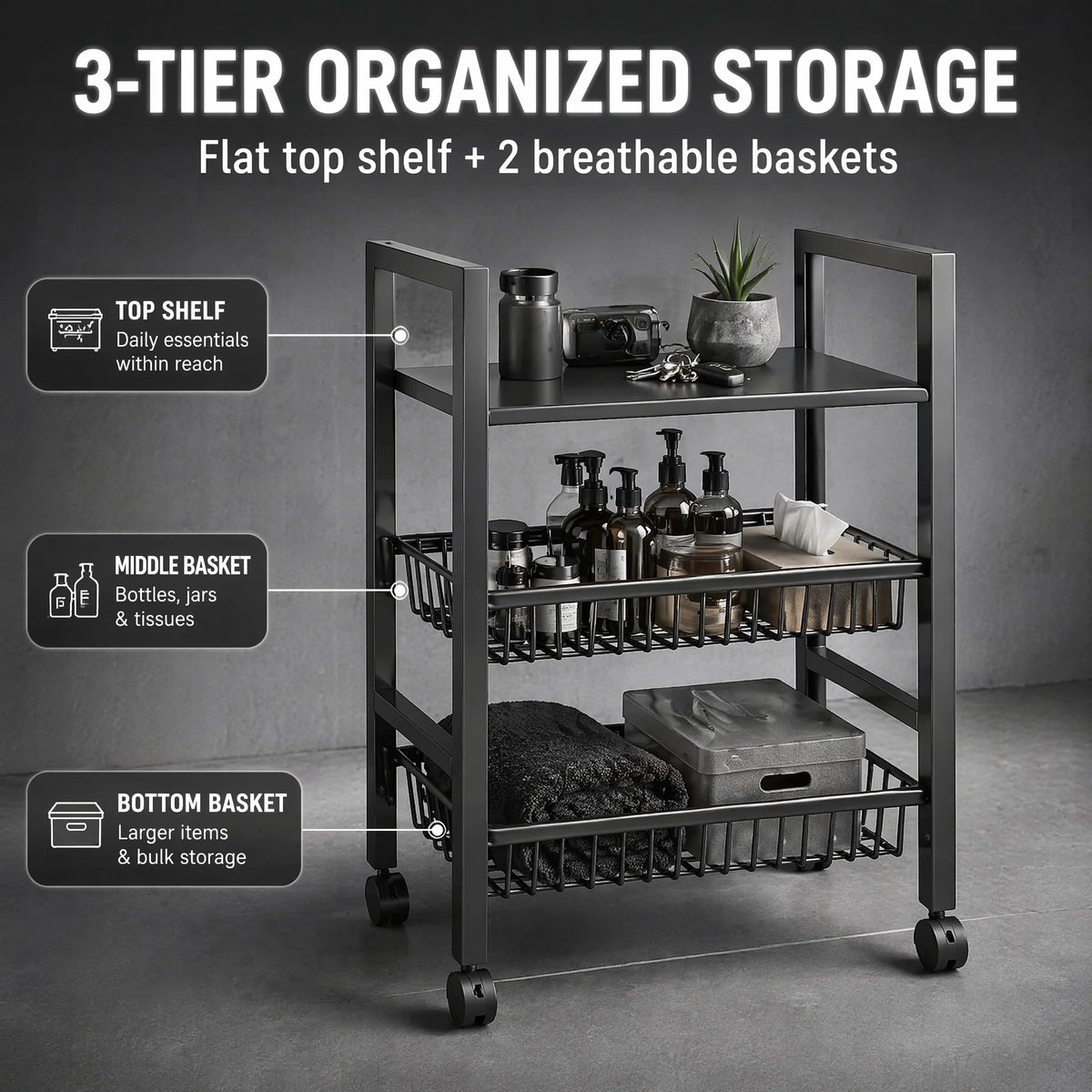 3-Tier Rolling Storage Cart with Wheels, Mobile Utility Organizer with Flat Top Shelf &amp; 2 Wire Baskets, Metal Kitchen, Bathroom &amp; Laundry Cart