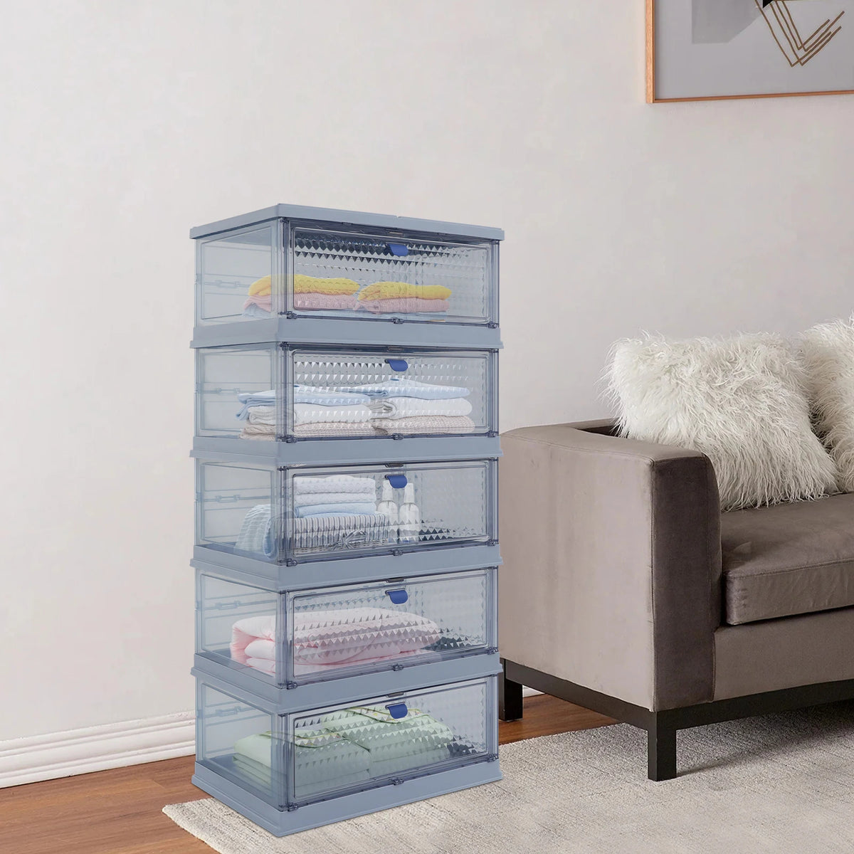 Foldable Storage Cabinet 5-Layer Stackable Storage Box (Blue)