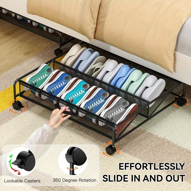 Underbed Shoe Storage Organizer Cabinet with Wheels and Breathable Mesh for Home Dorm