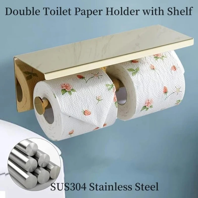 Wall Mount Double Roll Toilet Paper Holder with Shelf (Silver)