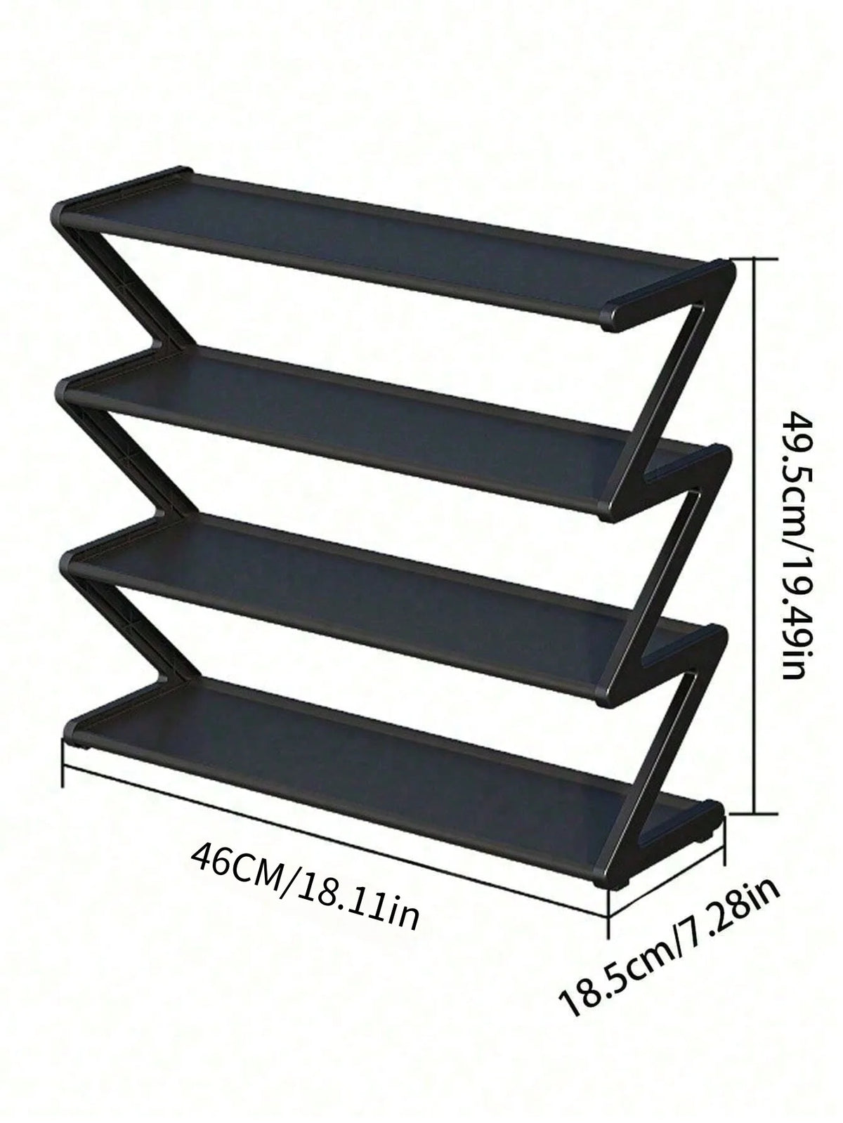 Modern 4-Tier Z-Shaped Shoe Stand Plastic Metal Steel Pipe Storage Rack for Entryway (Black)