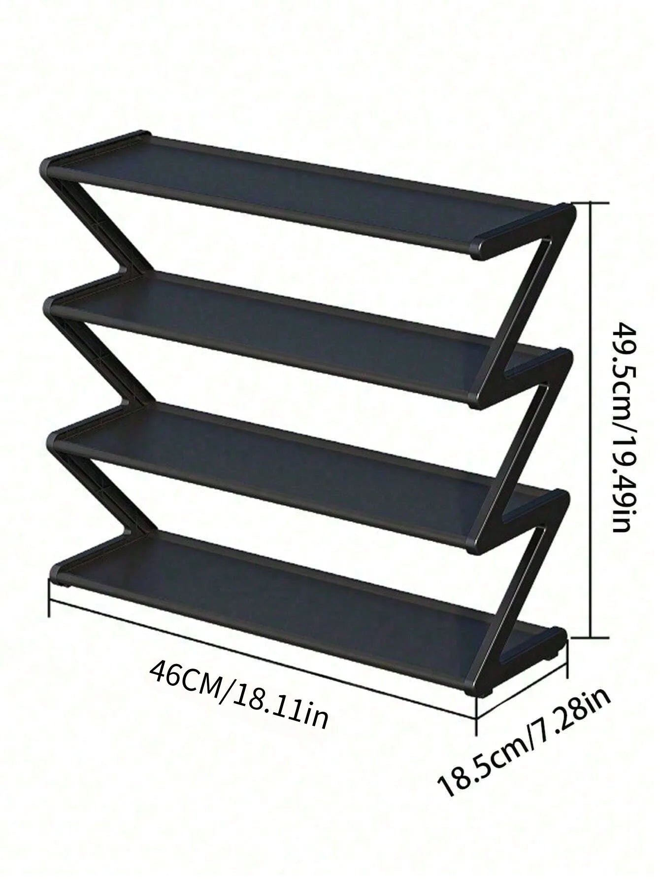Modern 4-Tier Z-Shaped Shoe Stand Plastic Metal Steel Pipe Storage Rack for Entryway (Black)