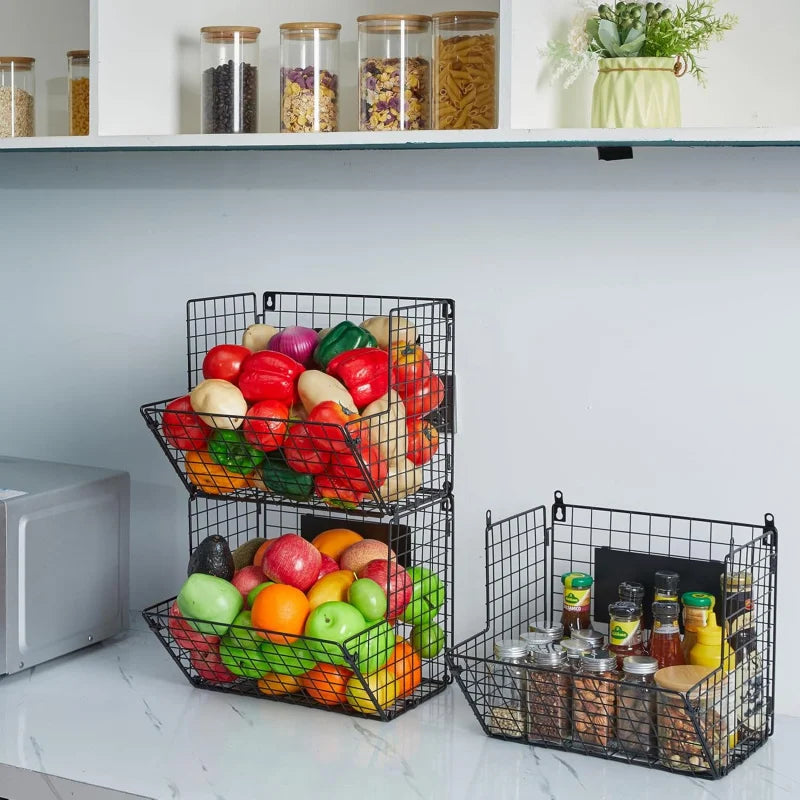 3 Tier Metal Wire Wall Mount Basket Rustic Kitchen Fruit Bin &amp; Bathroom Storage Rack