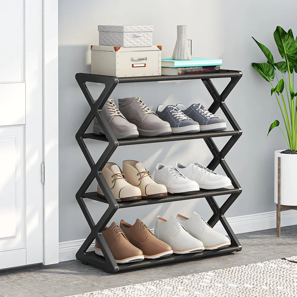 4-Tier X-Frame Shoe Rack, Space-Saving Stackable Shoe Organizer, Multi-Level Shoe Storage Shelf for Entryway, Porch, Bedroom &amp; Living Room