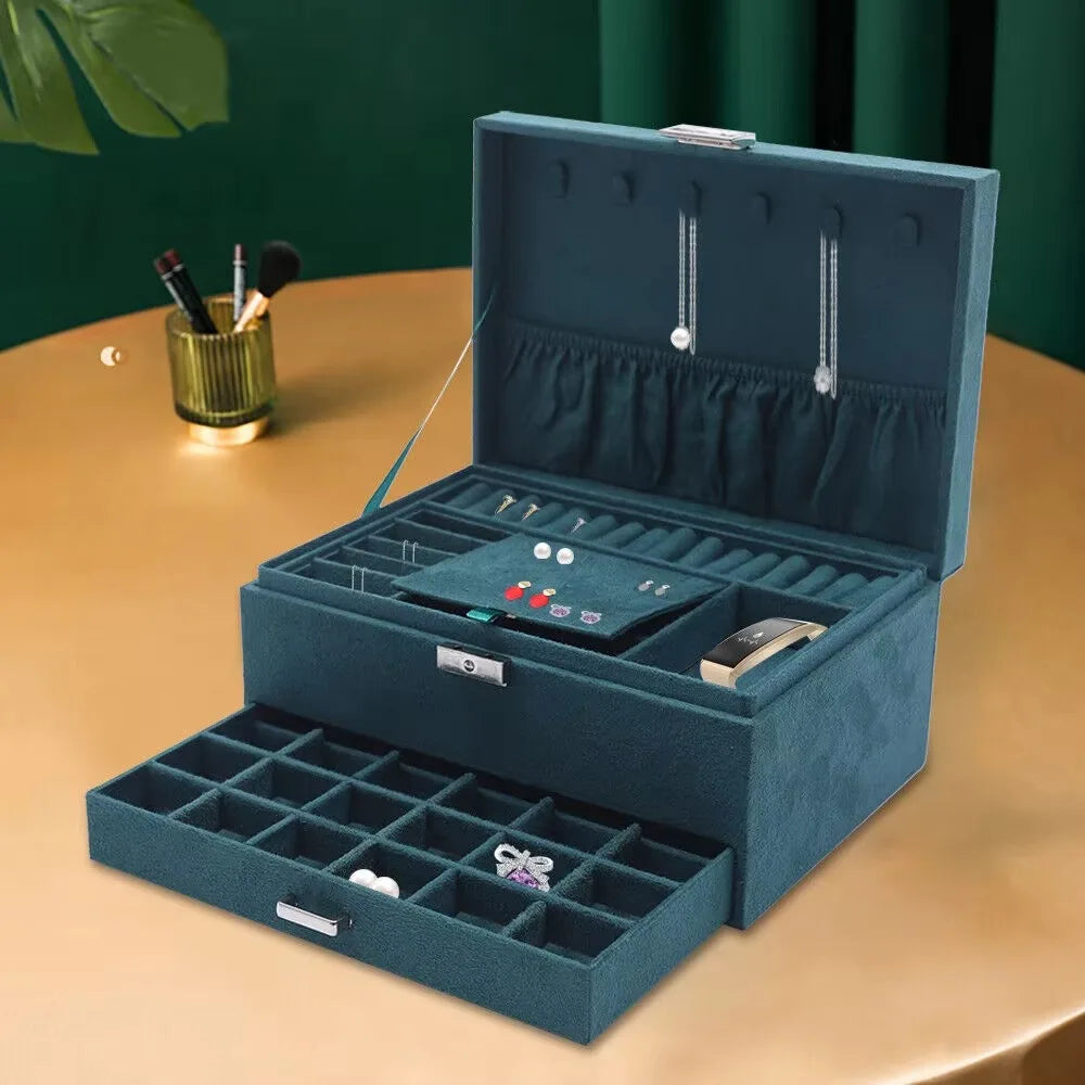 3-Layers Vintage Jewelry Organizer Box Large Capacity (Deep Green)