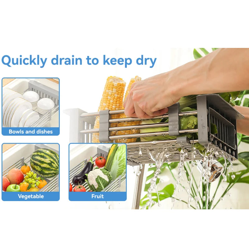 Portable Over-The-Sink Dish Drainer Stainless Steel Basket