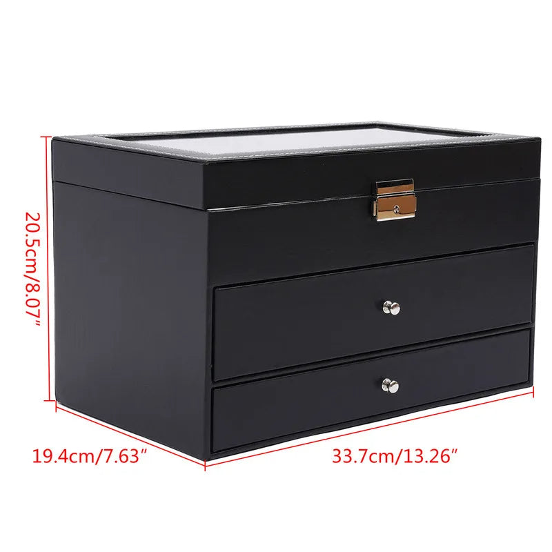 Watch Box Sunglass Organizer 3-Layer Black Leather with Jewelry Drawer