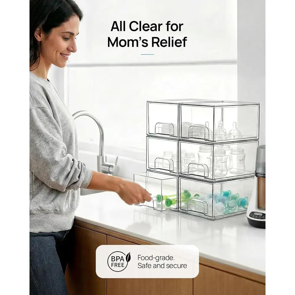 4-Pack Clear Stackable Storage Drawers – Acrylic Organizer Bins for Bathroom, Kitchen, Pantry &amp; Vanity